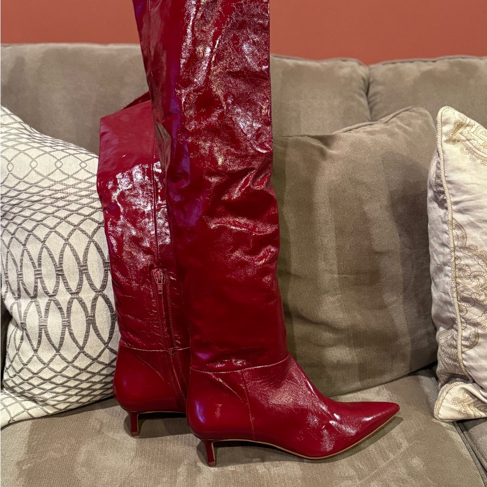 NWT Zara Red Leather Thigh High Boot. Sz. 40/9